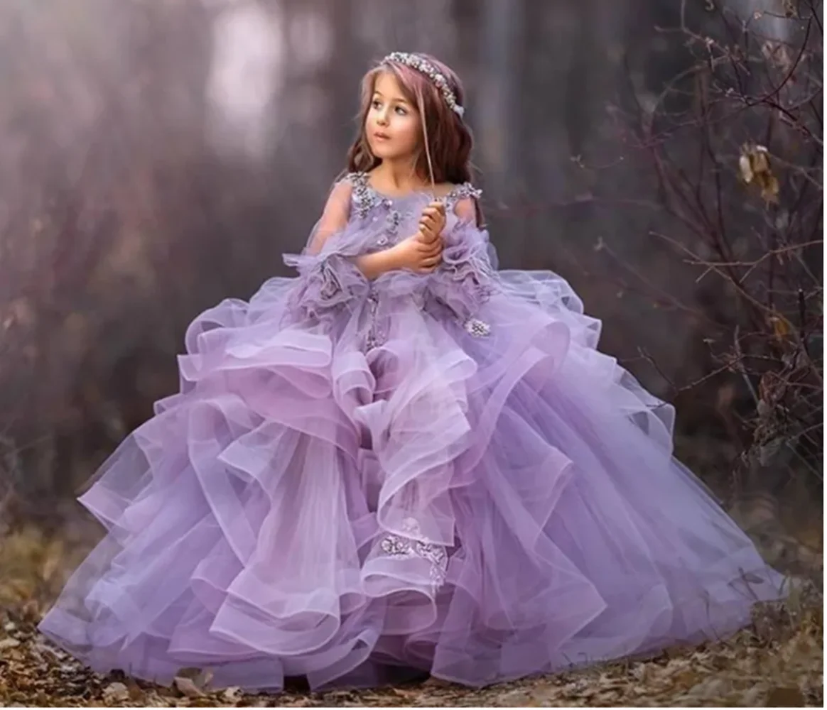 

Lavender Flower Girl Dresses for Weddings Appliques Tulle Ruffles Long Sleeve Pageant Prom Party Dress Child Princess Ball Gown