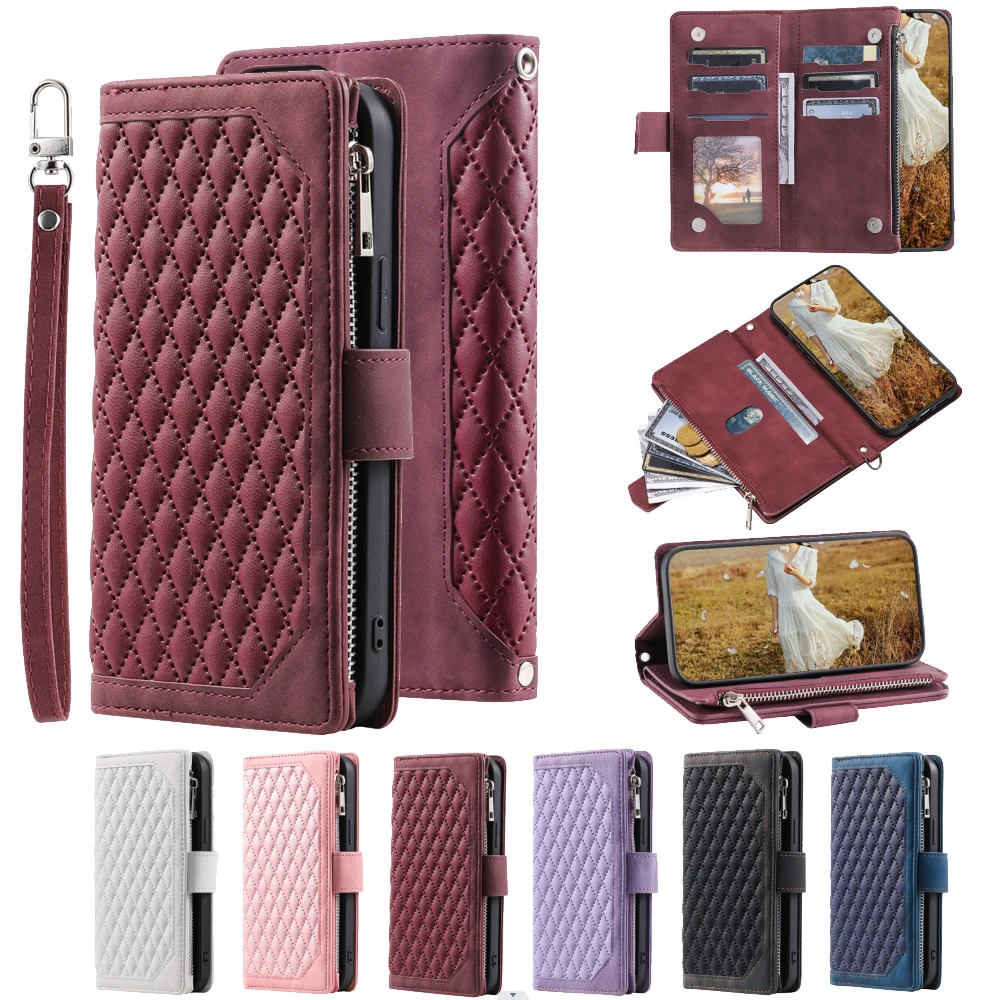 

For Oppo Reno2 F Fashion Small Fragrance Zipper Wallet Leather Case Flip Cover Multi Card Slots Cover Folio with Wrist Strap