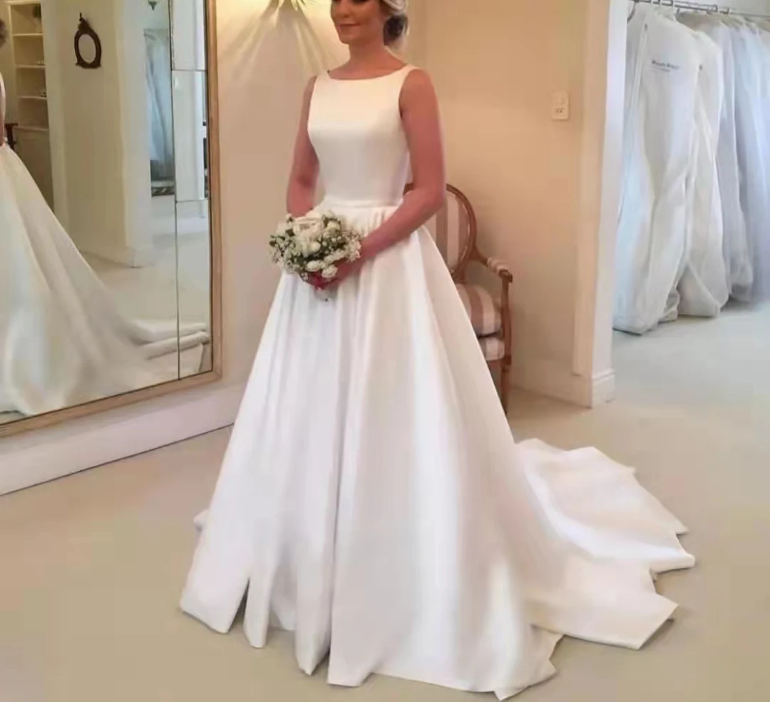 

Wedding Dresses فساتين زفاف Long Satin A Line Bridal Gown White Backless Вечернее платье Robes de mariée with Train