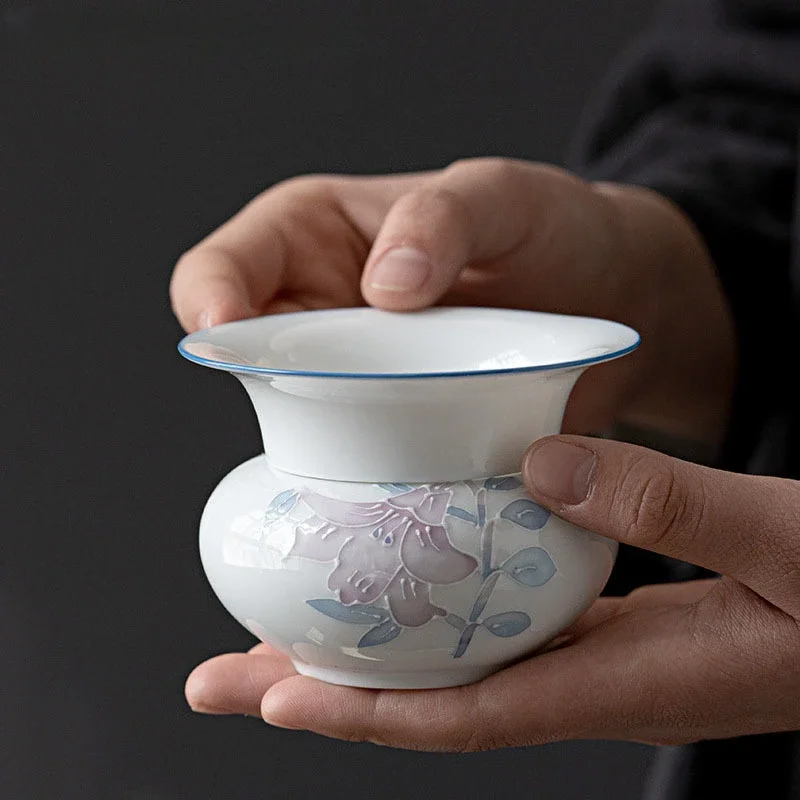

Handmade Engrave Lily Art Ceramic Tea Strainer Tea Maker Loose Tea Leak Holder Kungfu Teaware Ceremony