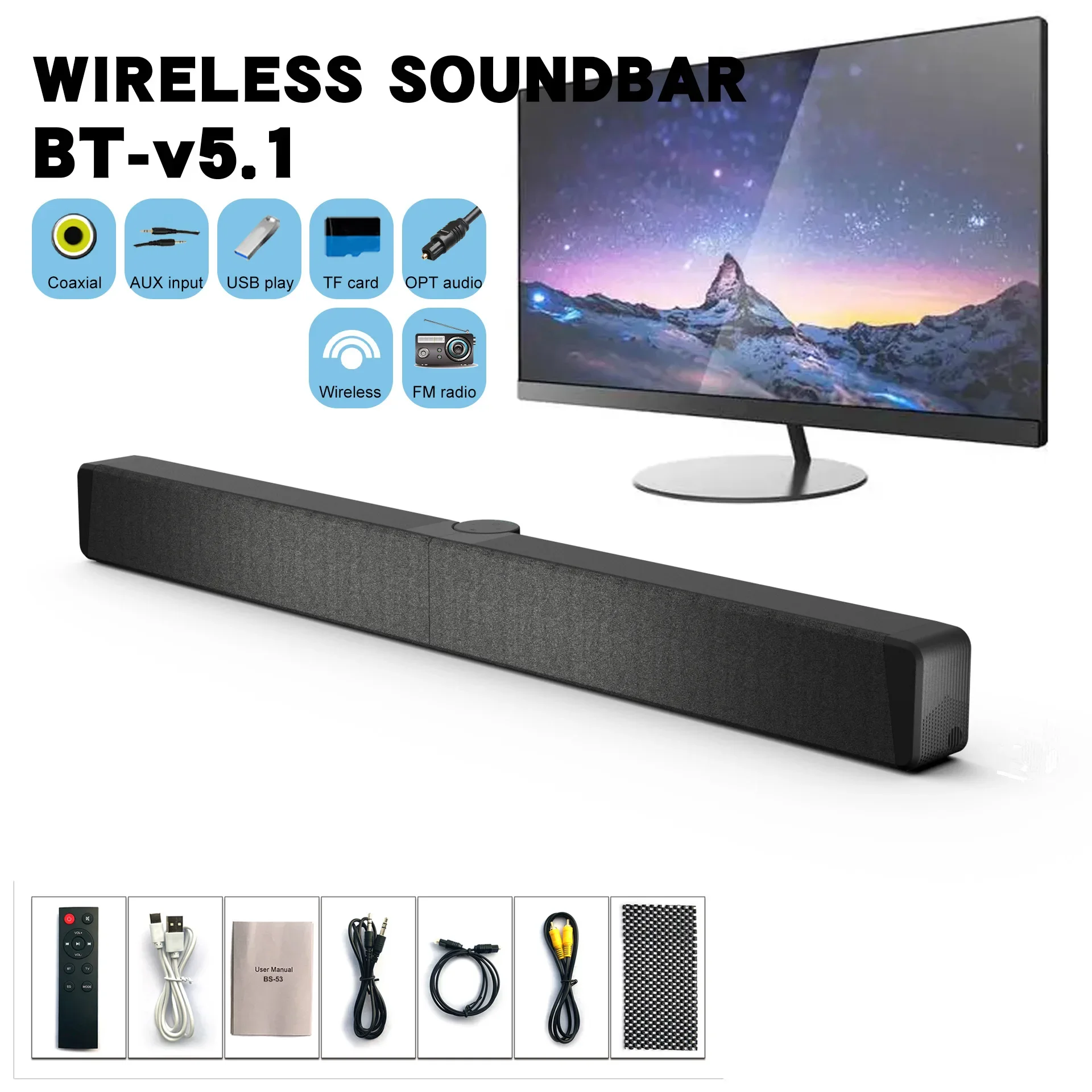 

BS-53 TV Soundbar Foldable Desigh Soundmaster Desktop Wireless Bluetooth Speakers High Volume Echo Wall Home Theater FM/TWS/AUX