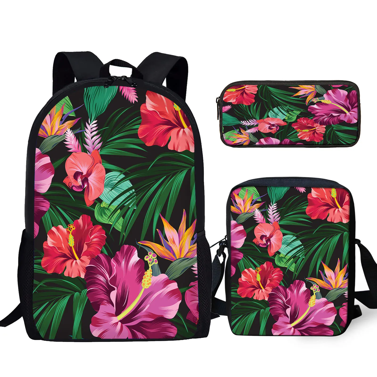 

Hibiscus Palm Leaf Design Youth Notebook Large Capacity Bag With Zipper Messenger Bag Tropical Plant Print Student Pencil Case