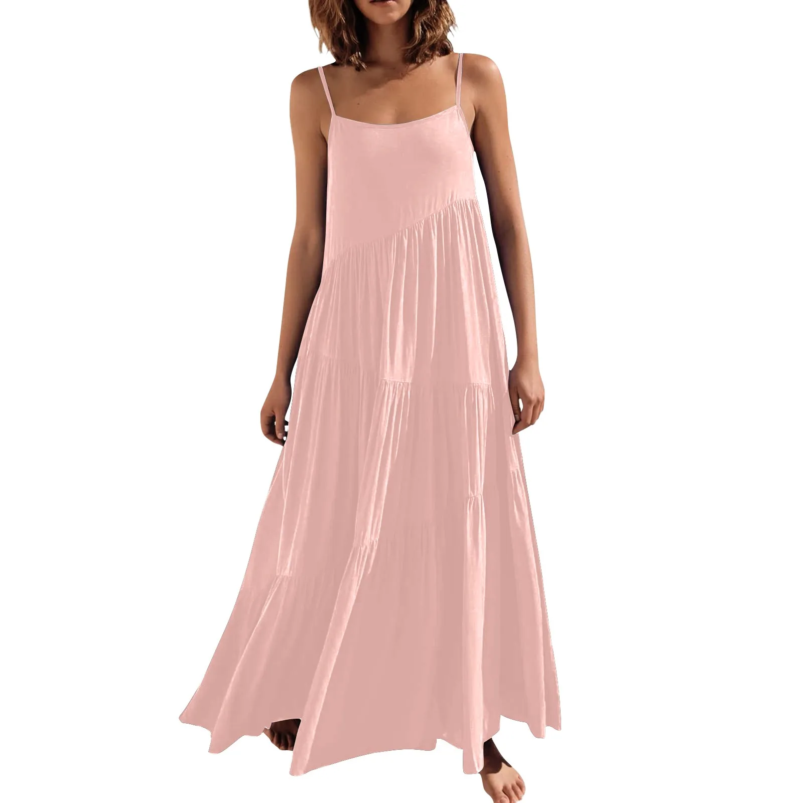 

Женское длинное платье без рукавов, свободное Плиссированное пляжное платье в пол на бретелях-спагетти в стиле бохо, с V-образным вырезом, на лето