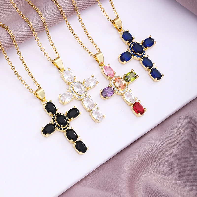 

Fashion Colored Zircon Jesus Cross Pendant Necklace Stainless Steel Chain Christian Women Jewelry Gift