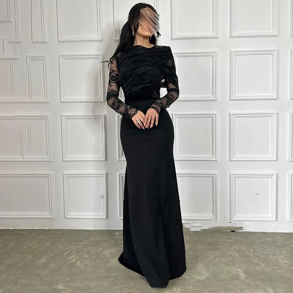 

Flora Dress Black Satin O-Neck Mermaid Evening Party Dresses Lace Long Sleeves Arabic Dubai Formal Dress Party Gowns For Women
