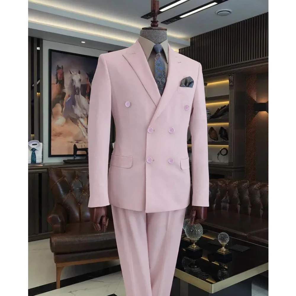 

Wedding Pink Double Breasted Men Suits Flat Regular Length Peak Lapel Blazer Elegant Groom Outfits Luxury 2 Piece Jacket Pants