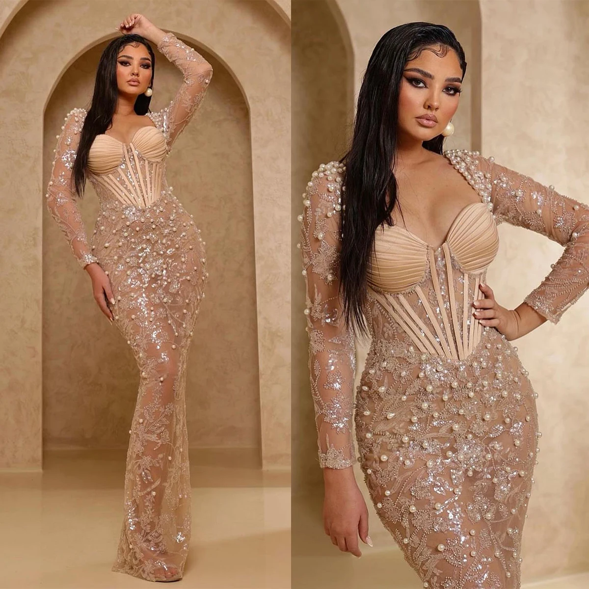 Pearls Modern Champagne Evening Dress Illusion Lace Appliques Prom Gowns Sweetheart Long Sleeves Party Dresses Custom Made
Pearls Modern Champagne Evening Dress Illusion Lace Appliques Prom Gowns Sweetheart Long Sleeves Party Dresses Custom Made
