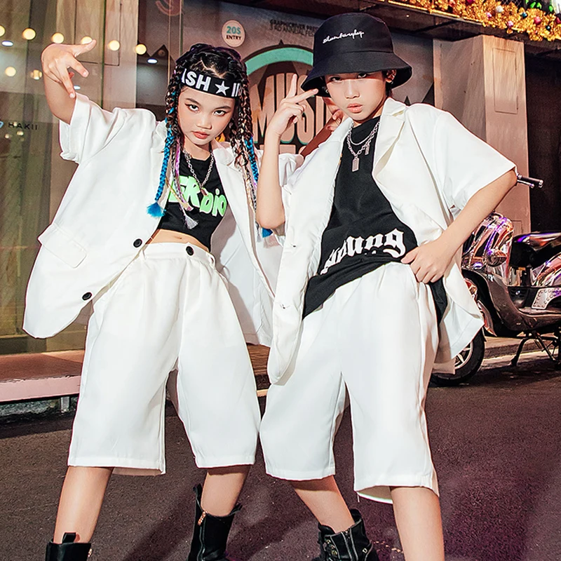

Модный костюм для выступлений белого и черного цвета, наряды в стиле K-POP, детская одежда в стиле джаз, хип-хоп, костюм для девочек и мальчиков, одежда для уличных танцев SL6683