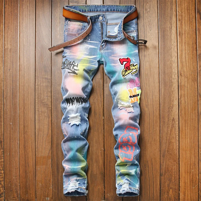 

Europe and America 2023 Embroidered ripped jeans men Patch Graffiti Ink Slim Fit Men's Small Foot Jeans