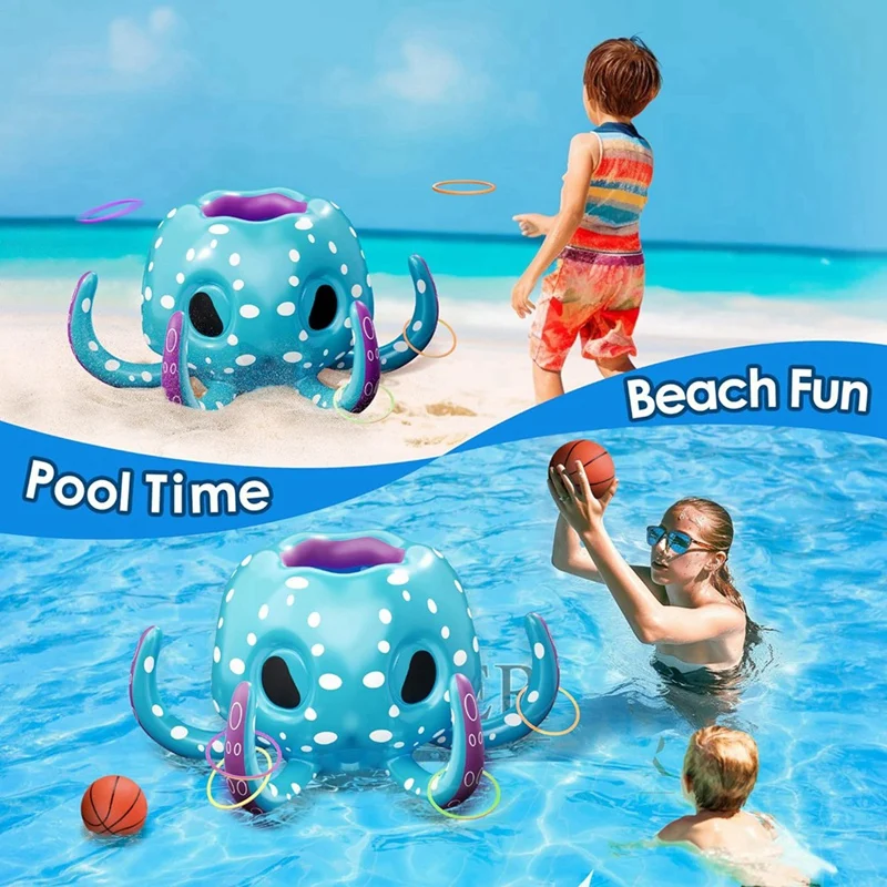 

2-In-1 Inflatable Basketball Hoop Ring Toss Yard Games, Indoor Outdoor Water Play, Spring Summer Octopus Pool Toys