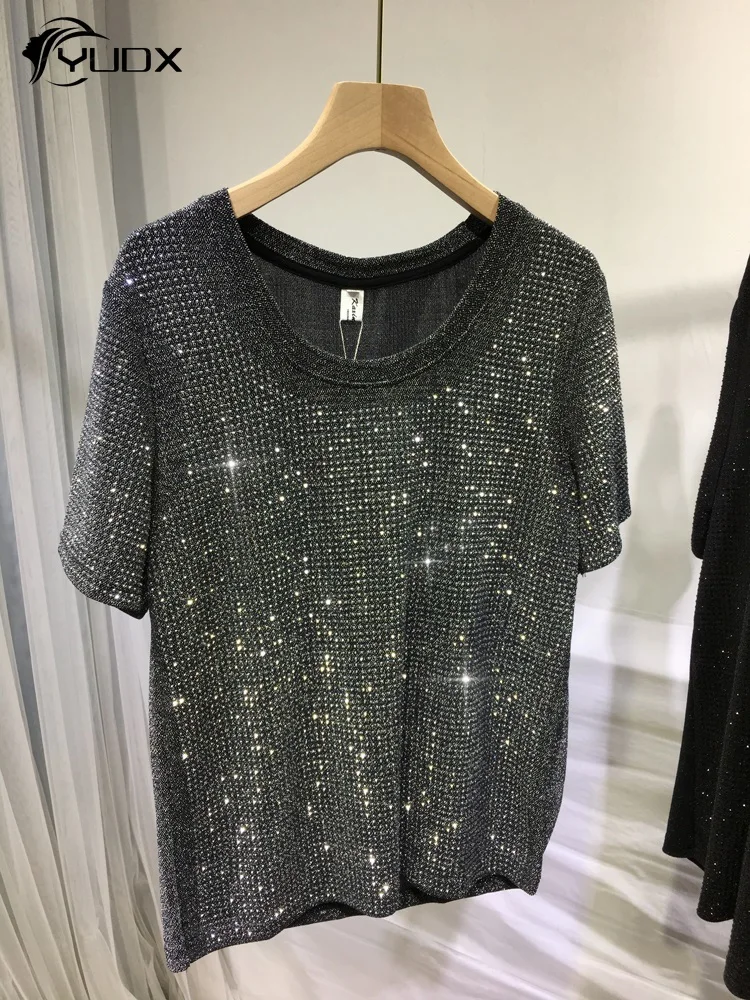 

YUDX Blingbling Hot Drilling Women Tshirts 2024 New Summer All-match Loose Short Sleeve Tees O-neck Shiny Silver Silk Casual Top