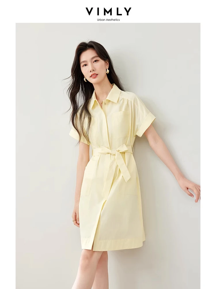 

Vimly Cotton 100% Summer Shirt Dress for Women 2024 Elegant Fashion Tie Belt Waisted Short Sleeve Dresses Woman Clothing M6819