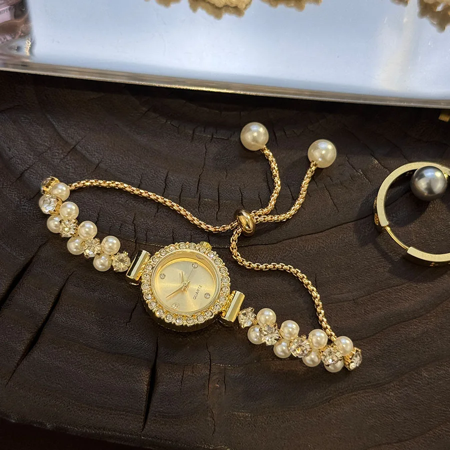 Double-Row Pearl Diamond-Encrusted Pull Rope Bracelet Women's Quartz Watch Romantic SweetStyle Fashion Luxury Niche Wristwatch Double-Row Pearl Diamond-Encrusted Pull Rope Bracelet Women's Quartz Watch Romantic SweetStyle Fashion Luxury Niche Wristwatch