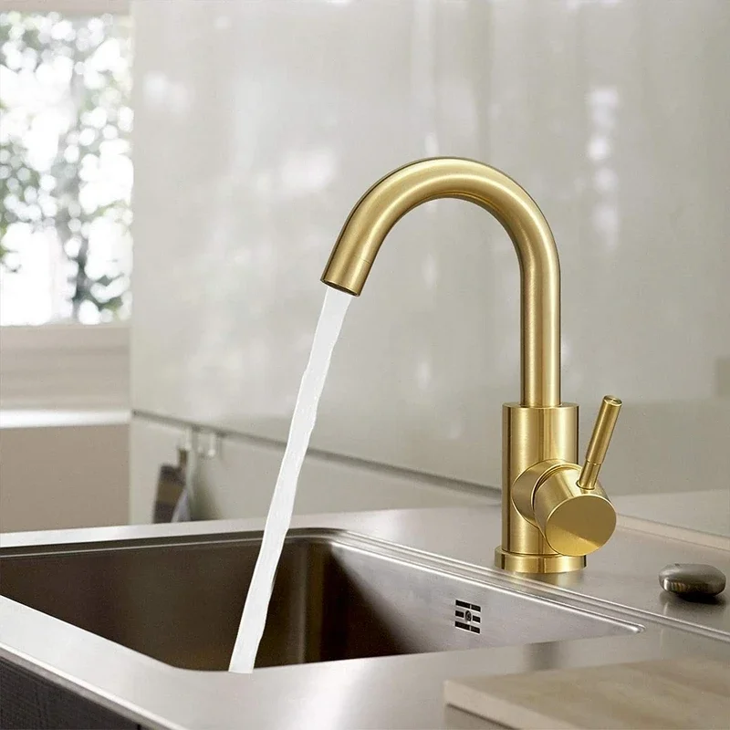 

Brushed Gold Basin Faucets 304 Stainless Steel Hot Cold Wash Mixer Tap Rotatable Spout Deck Mounted Vanity Bathroom Sink Faucet