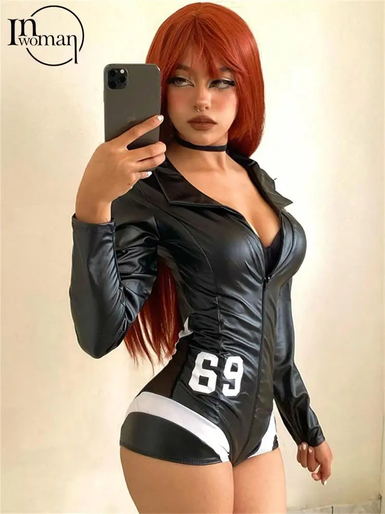 Inwoman Sexy Black Faux Pu Leather Romper Club For Women 2023 Summer Zipper Lettering Print Rompers V Neck Bodycon Booty Romper
Inwoman Sexy Black Faux Pu Leather Romper Club For Women 2023 Summer Zipper Lettering Print Rompers V Neck Bodycon Booty Romper