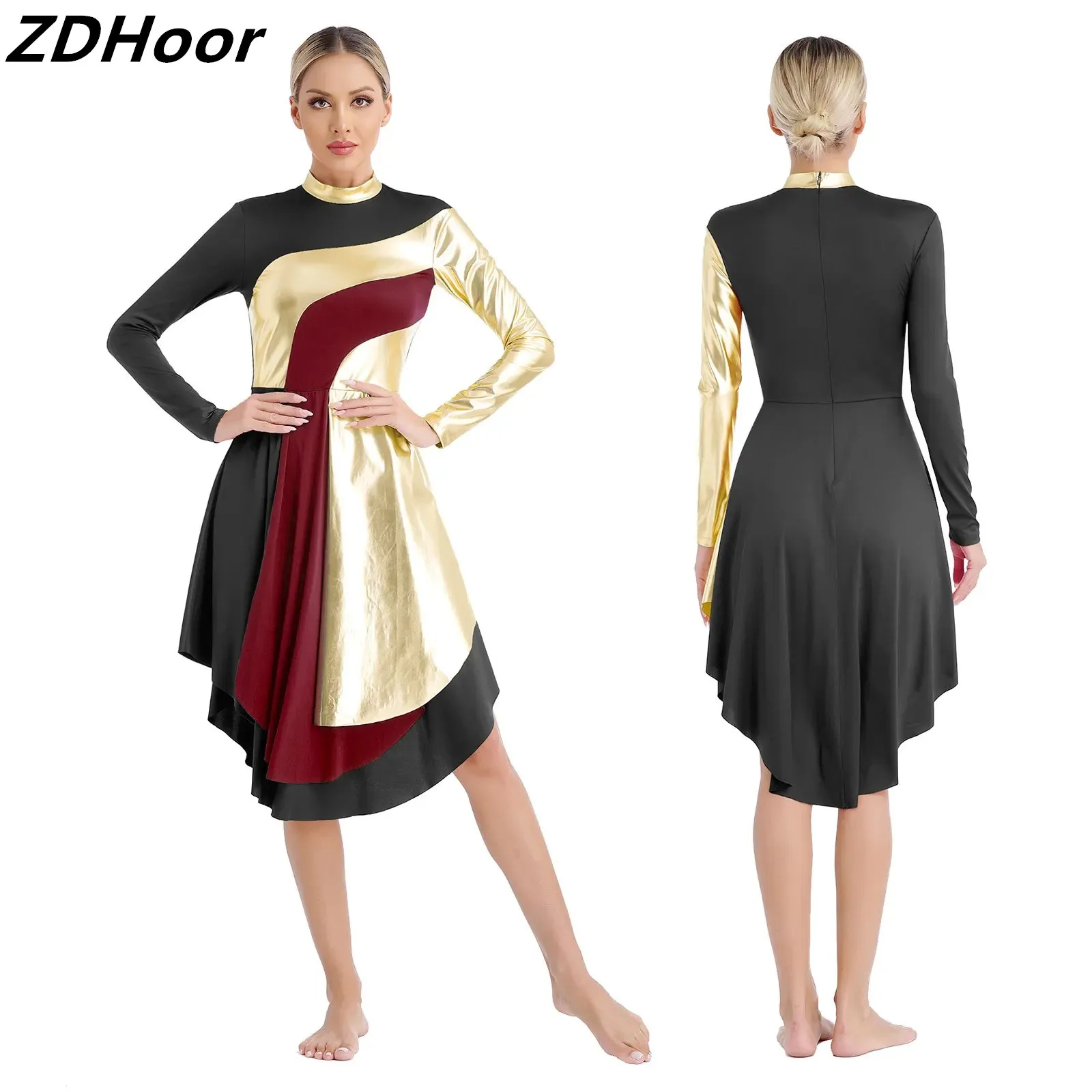 

Womens Liturgical Worship Dance Dresses Mock Neck Long Sleeve Contrast Color Patchwork Curved Hem Dress