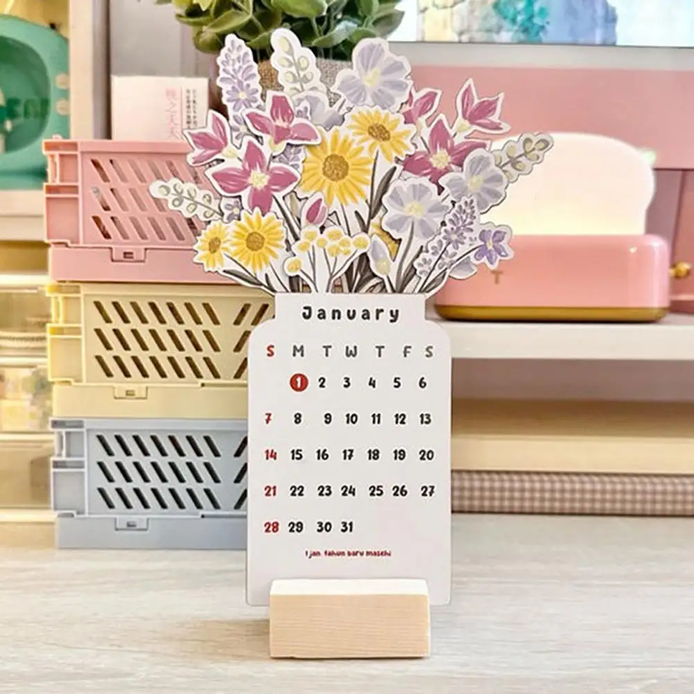 

Desk Calendar 2024 2024 Bloomy Flower Desk Calendar with Wooden Base Monthly Desktop Decoration for Home Office School 12 Months