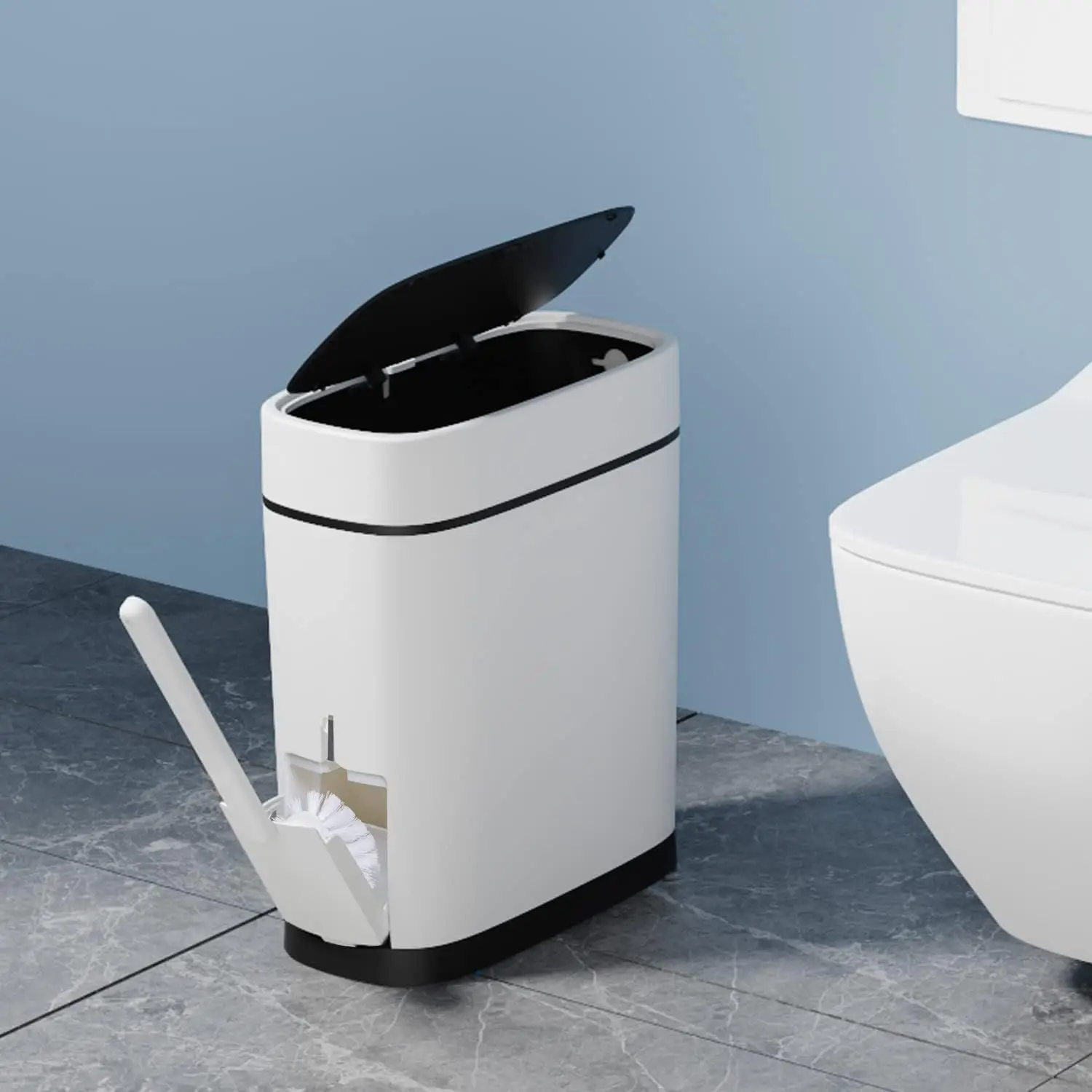 

Bathroom Trash Can with Toilet Brush Holder 14 Liter White Plastic Garbage Can with Black Locking Press Top Lid Slim Rectangular