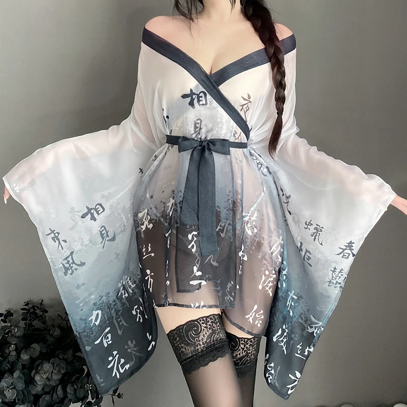 

Sexy Japanese Kimono Women Cosplay Lingerie Dress See Through Mesh Nightgown Bathrobe Pajama Temptation Nightwear Robes