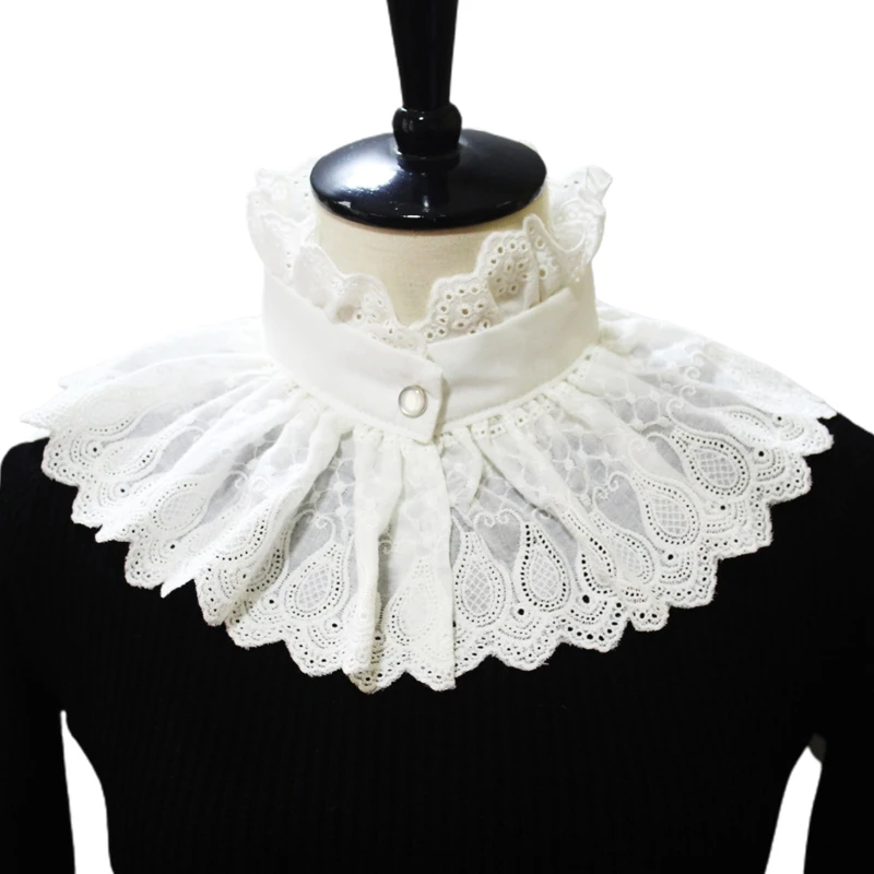 

Women Vintage Embroidery Paisley Big Shawl Ruffled Stand Fake Collar Victorian Steampunk White Scarf Half Shirt Decorative