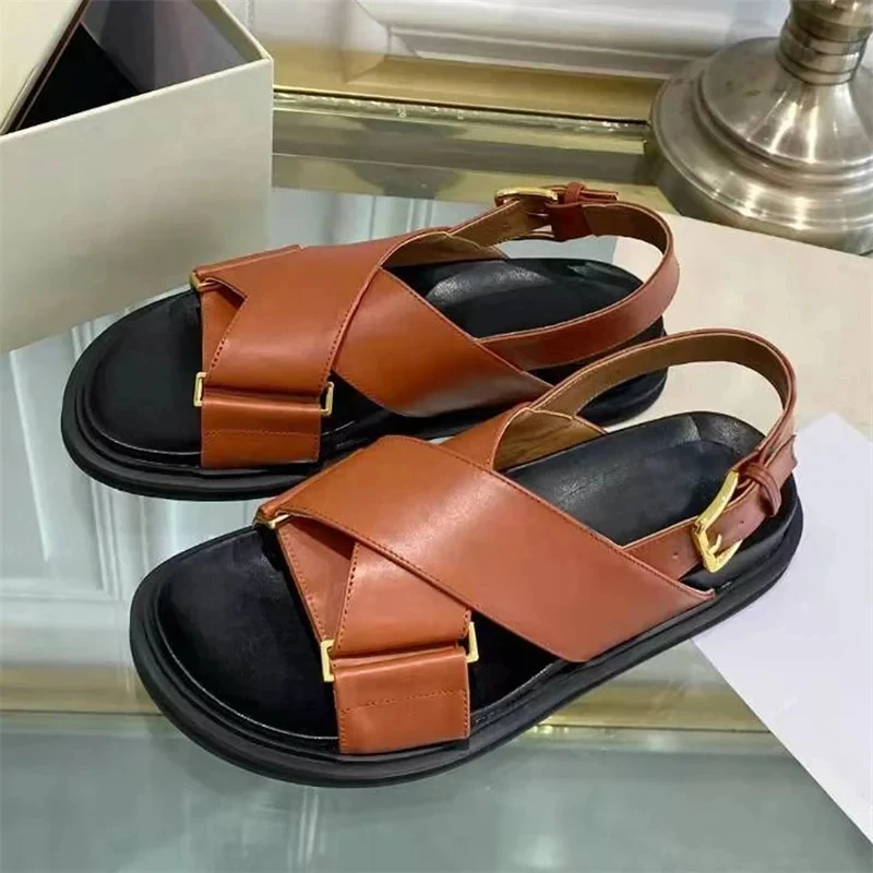 

New Thick Sole Sandals Women Genuine Leather Cross Strap Holiday Beach Shoes Female Casual Flat Sandalias Summer Sandals Woman