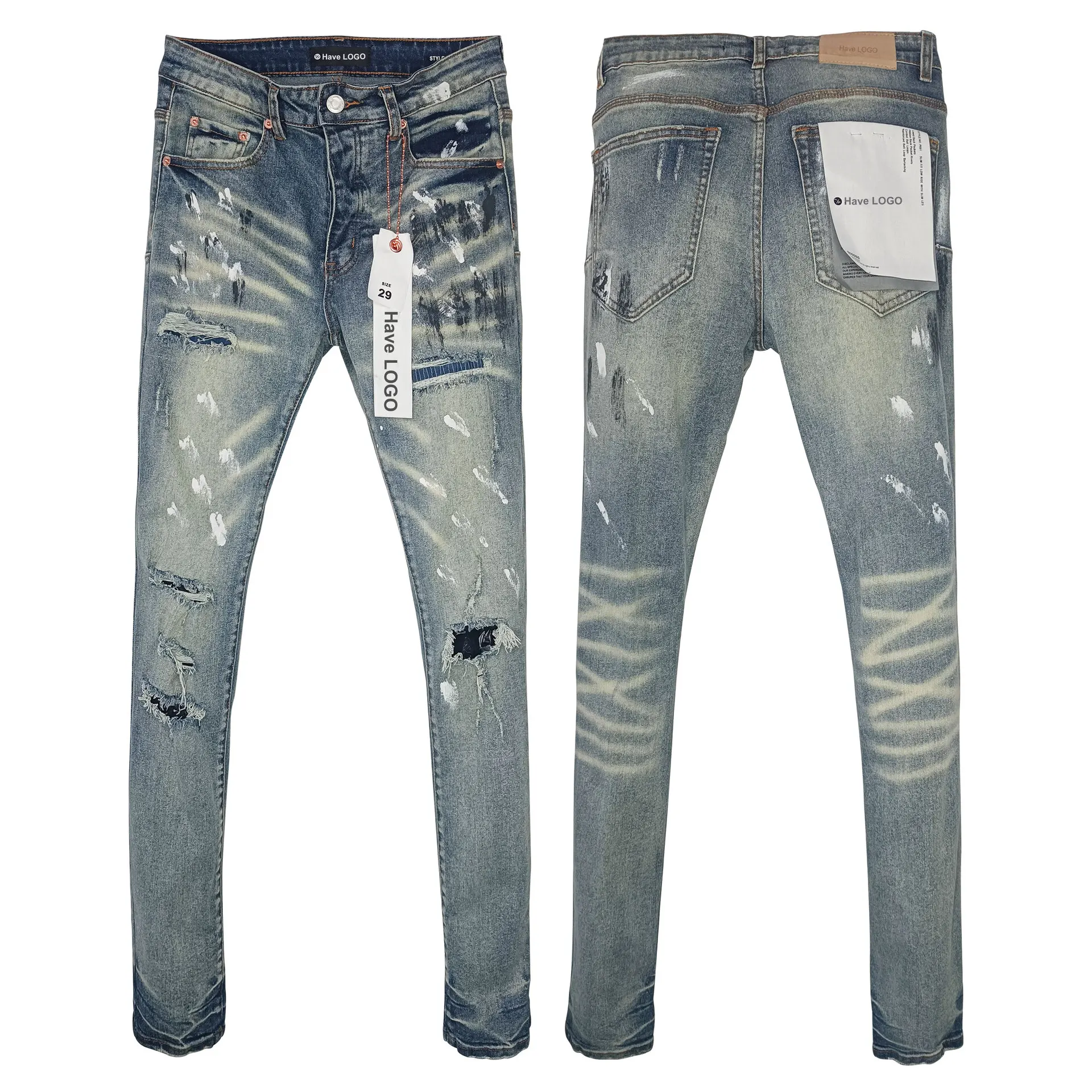 

High Street Fashion Trends Distressed Purpleness Jeans Mens Ripped Biker Slim Man Spliced Pants American Trend Straight Jeans