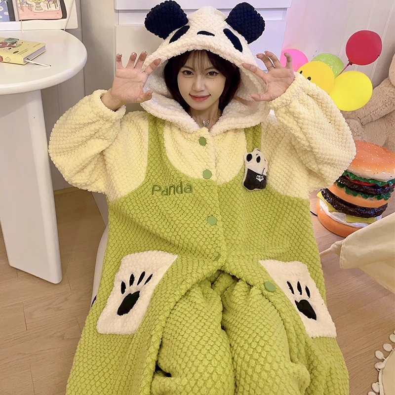 Winter Women Night-robe Kawaii Bear Thick Sleepwear Plush Soft Warm Hooded Long Nightgown With Pants Pajamas Homewear Suit
Winter Women Night-robe Kawaii Bear Thick Sleepwear Plush Soft Warm Hooded Long Nightgown With Pants Pajamas Homewear Suit