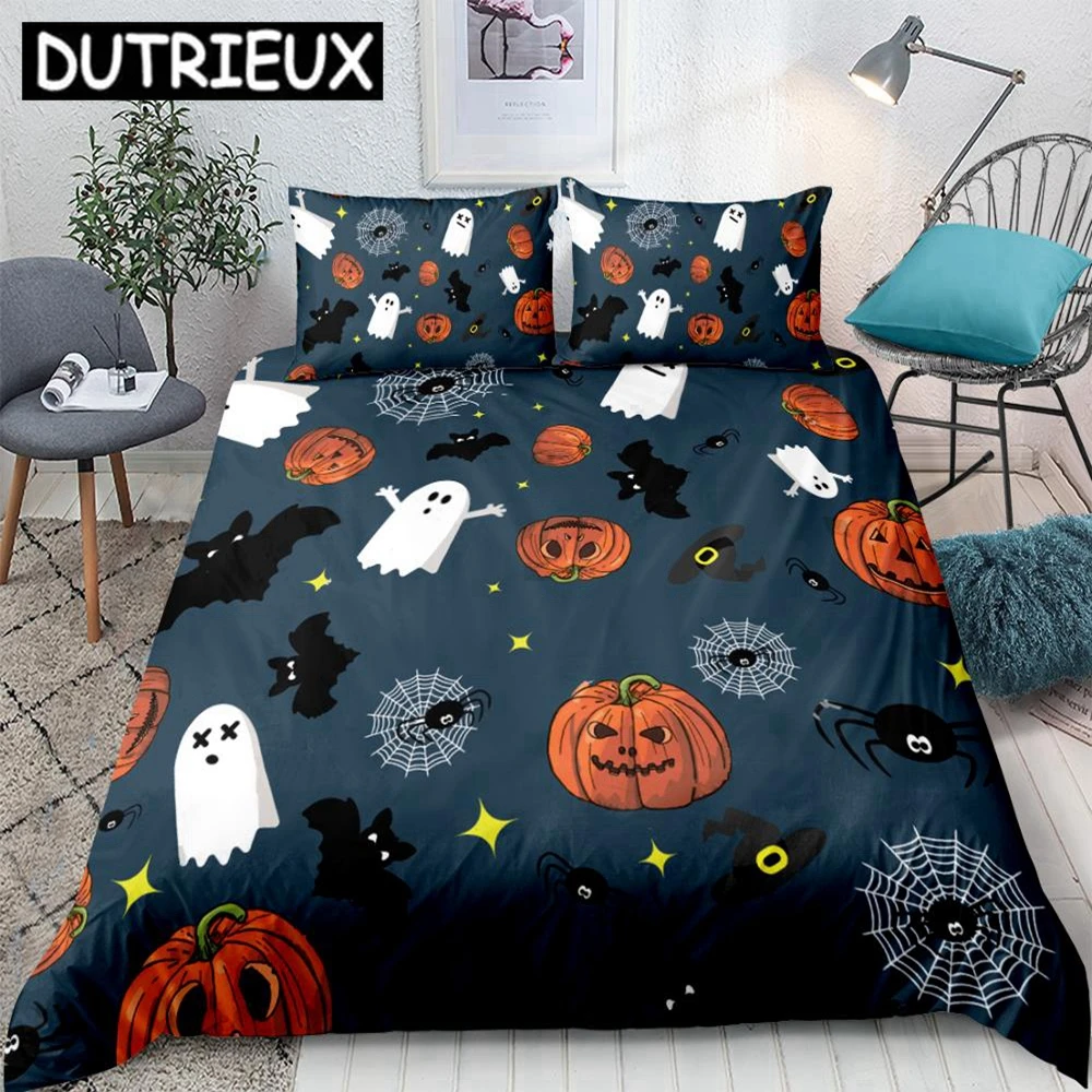 

Halloween Duvet Cover Set Bat With Pumpkin Bedding Set 3pcs Festival Quilt Cover Orange Pillow Cases Fashion Home Textile