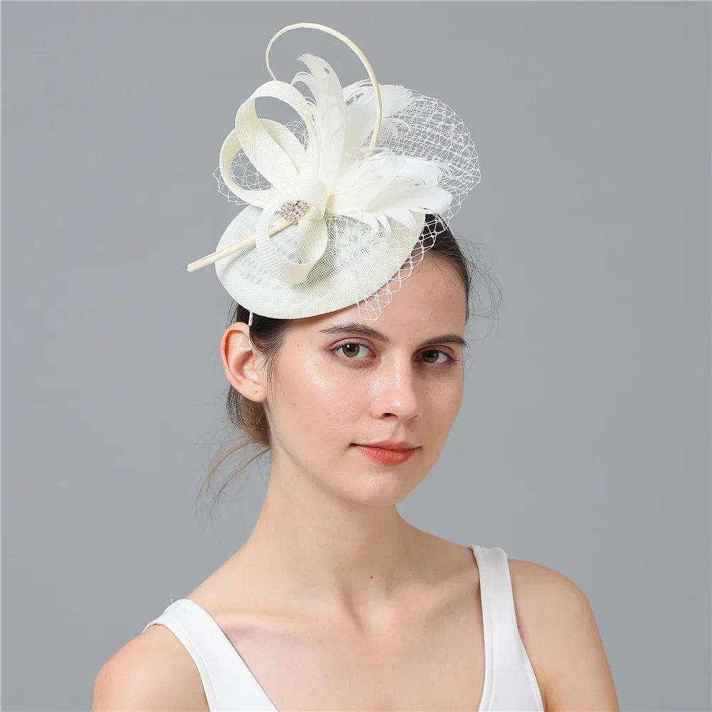 

Beige Bowknot Cocktail Fedoras Formal Derby Fascinator Hat Accessories With Cute Veils Headbands Lady Chuch Headpiece Headwear