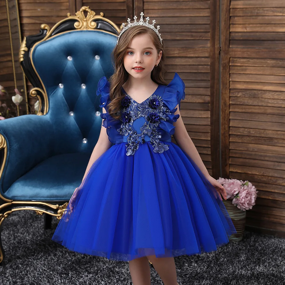 

Baby Kids Elegant Ceremony Blue Christmas Party Princess Dresses 3 5 7 9 10 Years Old Young Girls Red Prom Fluffy Gala Clothes