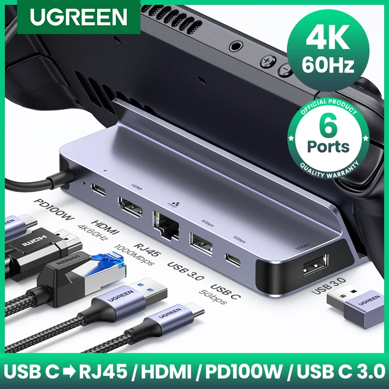 

UGREEN USB C Docking Station to HDMI 4K60Hz RJ45 PD100W Dock for Steam Deck Asus ROG Ally Nintend Switch MacBook PC USB 3.0 HUB