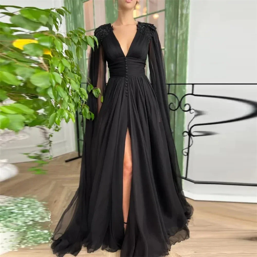 

Puffy Black Chiffon Prom Dresses With Cape Beads Appliques Evening Gowns Deep V-Neck Slit Pleats Formal Party Dress Long Sleeves