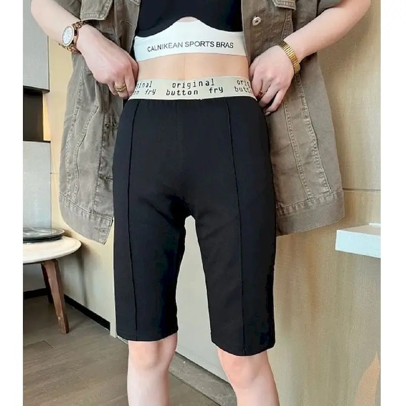 

Casual High Waisted Shorts for Women Black Sporty Elastic Waisted Trousers Summer Thin Vintage Solid Middle Pants Women Clothing