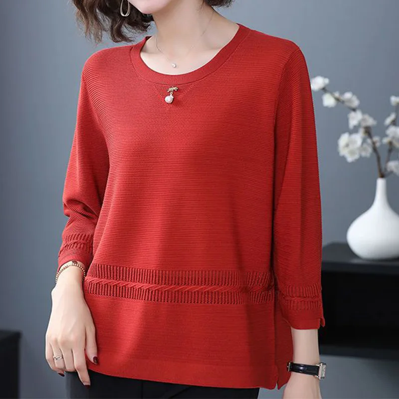 

Summer Women's Clothing Thin Style Loose T-Shirt Jacquard Weave Solid Color Three Quarter Sleeved Pullover Ice Silk Knitted Tops