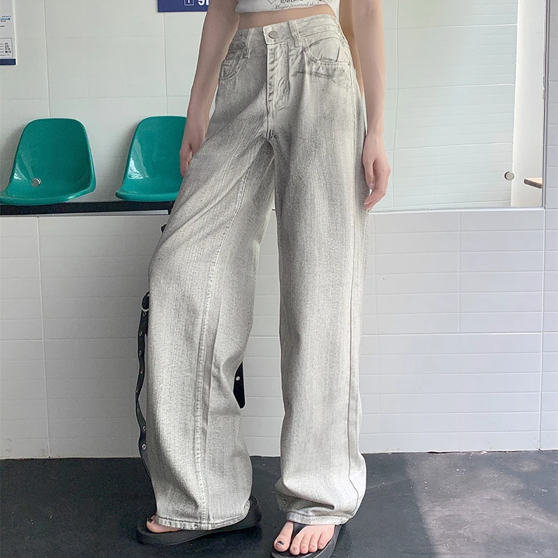 

Женские свободные джинсы Y2K, потертые джинсы в стиле ретро, Белые Серые грязные брюки, уличная мода 2024