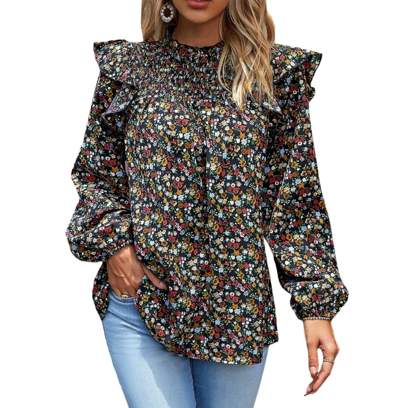 

Womens Frill Mock Neck Flounce Long Sleeve Floral Print Blouses Office Shirt Top Ruffle Loose Fit Shirt