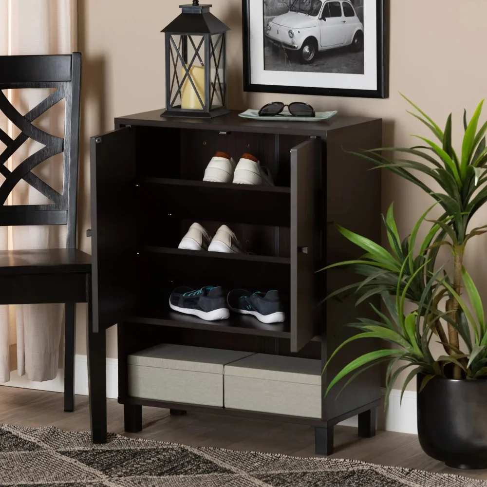 Shoe cabinet, modern dark brown finished wooden 2-door foyer shoe cabinet with wooden frame structure
Shoe cabinet, modern dark brown finished wooden 2-door foyer shoe cabinet with wooden frame structure