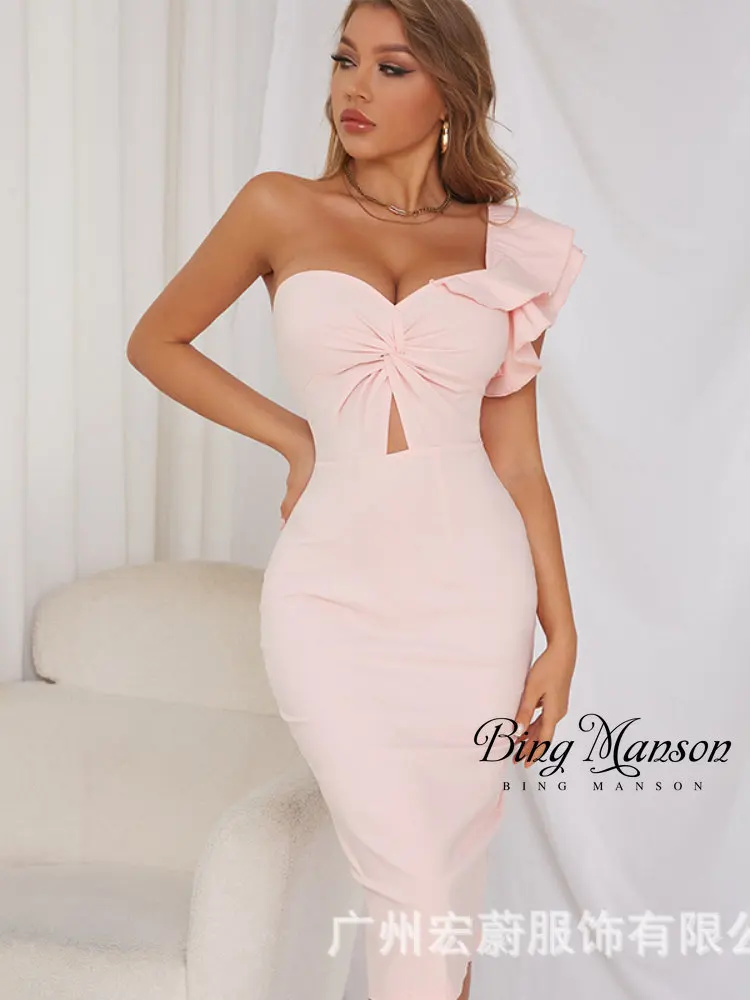 

Oblique Shoulder Sexy Evening Dress One-shoulder Twisted Pattern Hollow Ruffle Sleeve Split Back Tight Dress Maxi Dresses