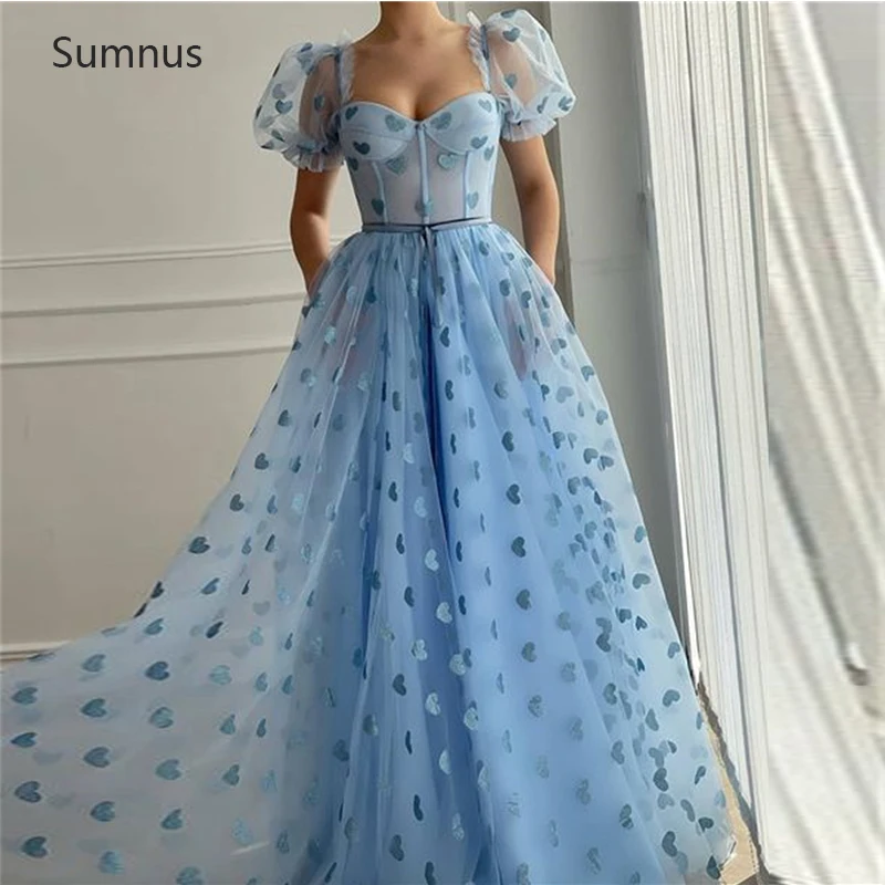 

Sumnus Stunning Blue Prom Dresses 2022 Tulle Robe De Soiree De Mariage Short Sleeves Long A-line Formal Evening Party Dress