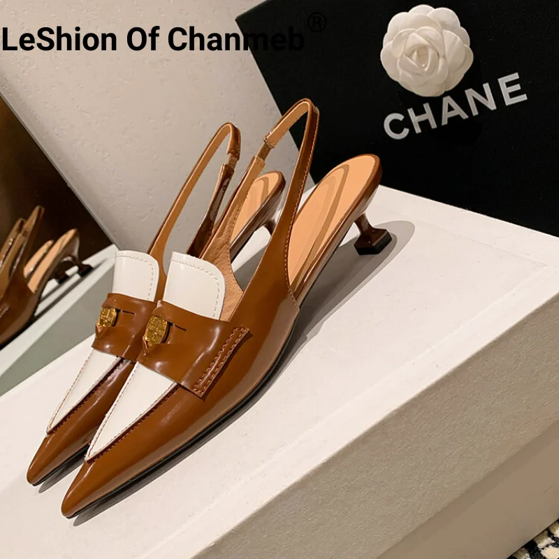 

LeShion Of Chanmeb Women Genuine Leather Slingback Pumps Woman Thin Heels Pointed Toe Mix-color Metal Penny Shoes Size 33-41 New