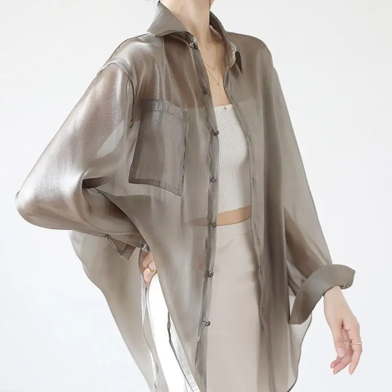 

Женская Тонкая блузка с отложным воротником и длинным рукавом, однотонная прозрачная блузка для защиты от солнца, Z943, лето 2024