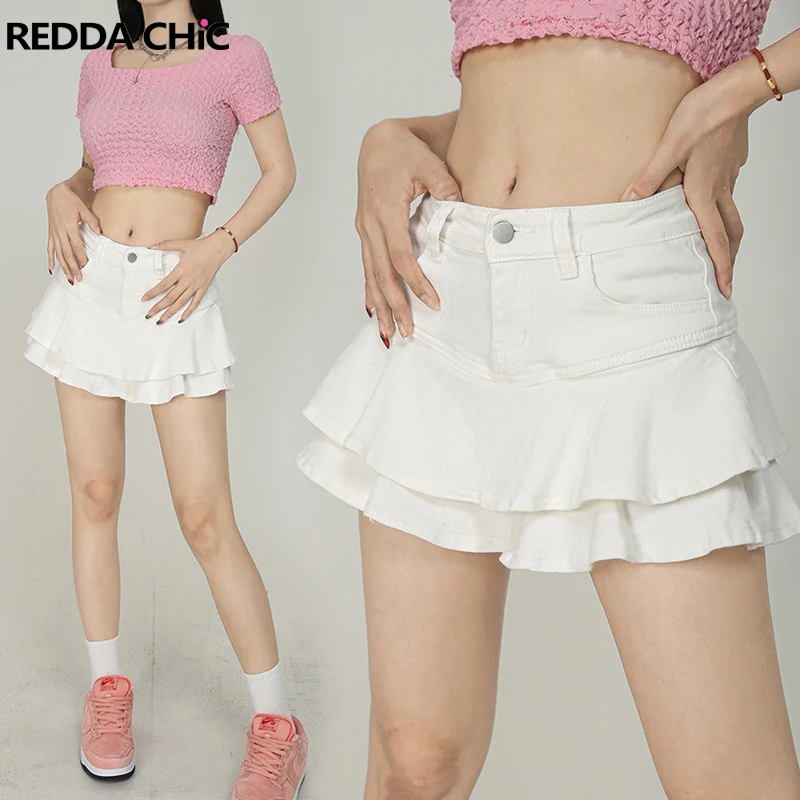 

REDDACHiC White Ruffle Women Denim Skirt Mini Short Jeans Bottoms Stretchy Skort Lining Low-rise Cake Skirt Y2k Fairycore Grunge