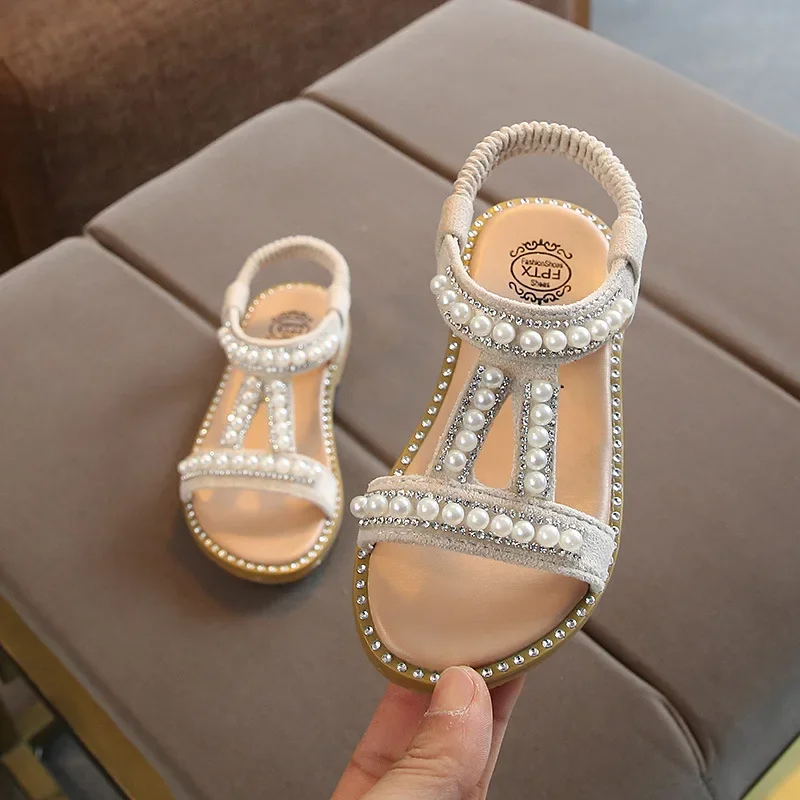 

Summer Baby Girls Sandals Toddler Infant Kids Slip On Pearl Crystal Single Princess Roman Shoes For Children Girl