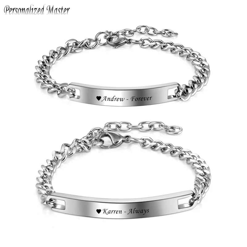 

Personalized Master Customized Name Text Couple Bracelet Stainless Steel ID Bar Curb Chain Bracelets Valentines Anniversary Gift