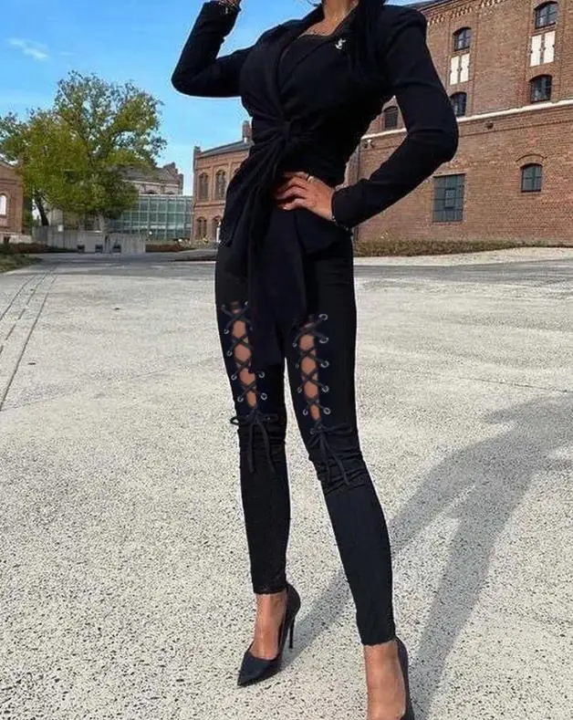 Casual Grommet Eyelet Lace-Up Skinny Pants for Women 2023 European & American Women's Fashion High Waist Black Sexy Trousers
Casual Grommet Eyelet Lace-Up Skinny Pants for Women 2023 European & American Women's Fashion High Waist Black Sexy Trousers