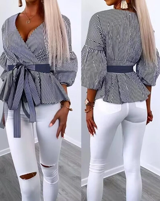 

Fashion Woman Blouse 2024 Spring Striped Lantern Sleeve Tied Detail Casual V-Neck Three Quarters Daily Top Y2K Clothes