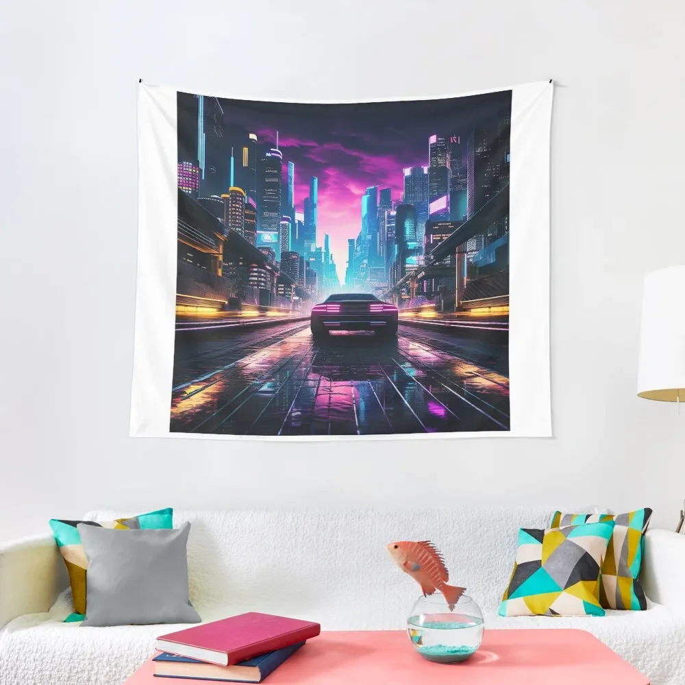 

a night drive through a synthwave Tapestry Wallpaper Bedroom Wall Deco Bedroom Decor Aesthetic Wall Hangings Decoration Tapestry