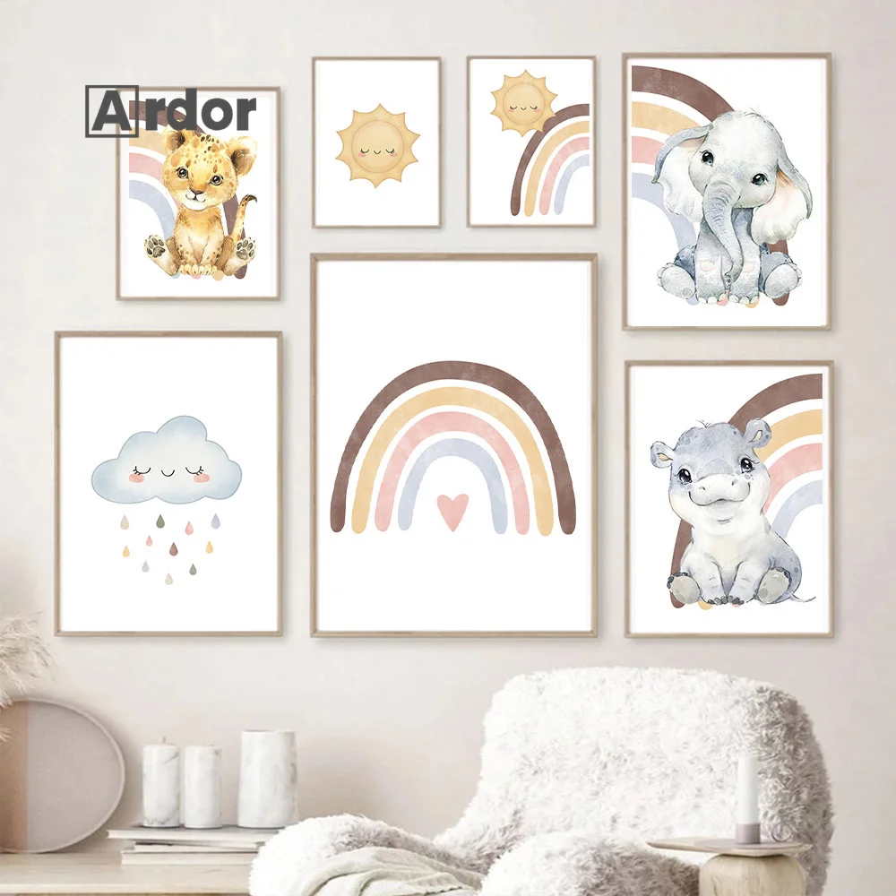 

Boho Baby Art Poster Zebra Elephant Giraffe Lion Clouds Rainbow Canvas Painting Nursery Print Nordic Wall Picture Kid Room Decor