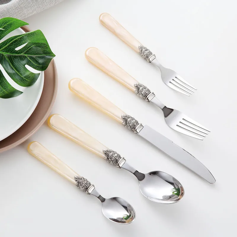 

6pcs Champagne Vintage Cutlery Acrylic Handle Dinnerwere set 18/10 Stainless Steel Luxury Flatware Set Kitchen Dishwasher safe