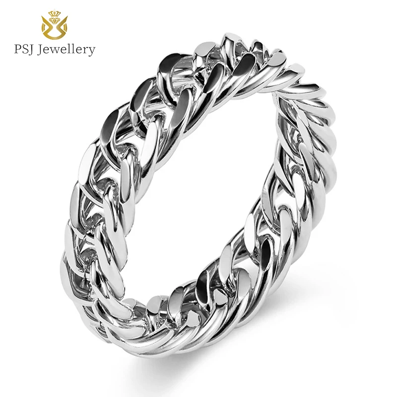 

PSJ Fashion Jewelry 6MM Silver Cuban Chain Design Titanium Stainless Steel Finger Rings for Men Women